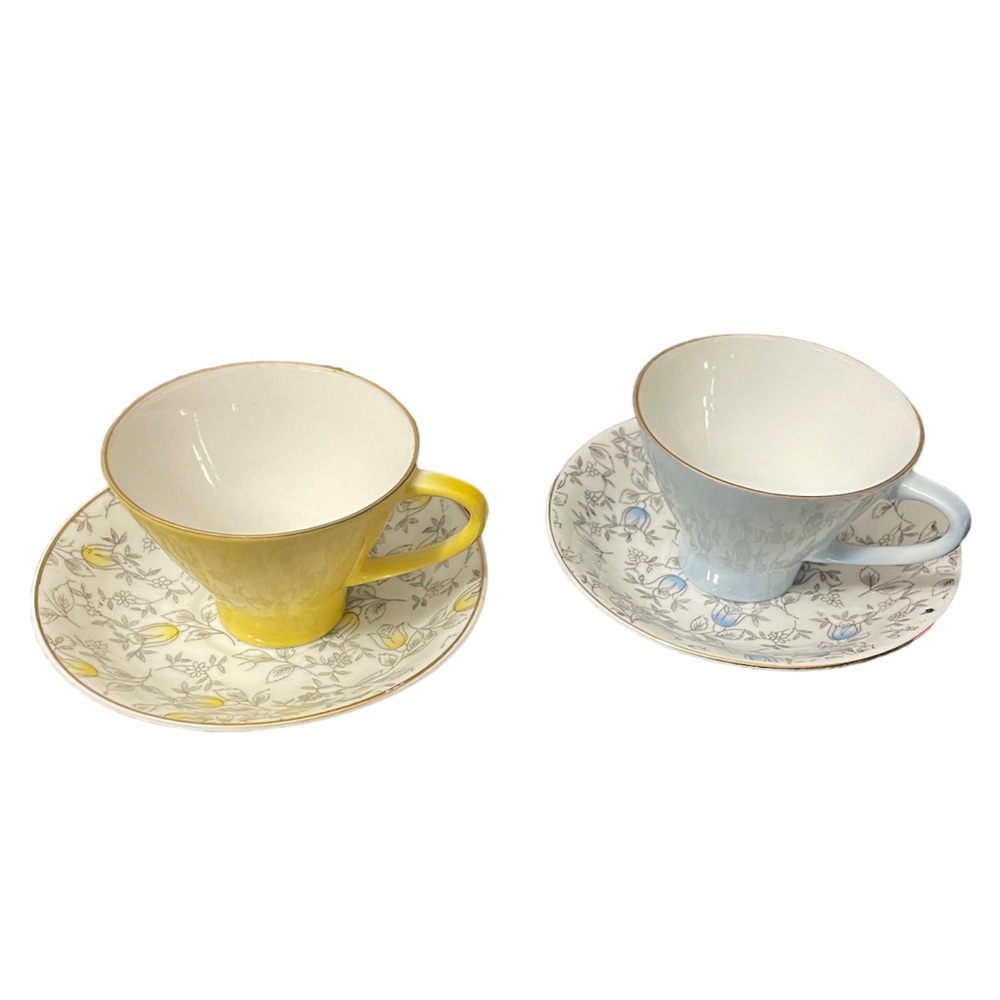 Vintage Enesco Japan Demitasse Cups and Saucers Pair of yellow and light blue